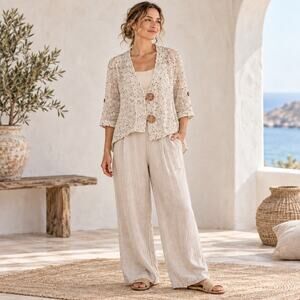 Hailey Lyn Open Weave Cardigan Womens Top Sz L Coastal Lagenlook Boho Button
